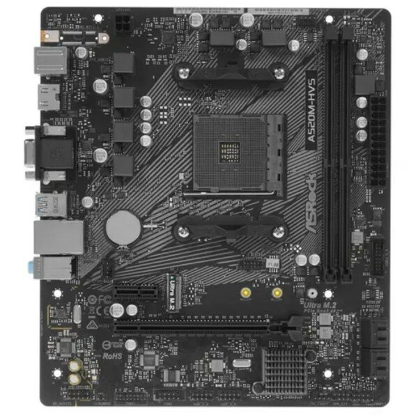 Материнская плата ASRock Soc-AM4 A520M-HVS, 2xDDR4-3200, D-SUB+HDMI, 1xPCI-Ex16, 1xPCI-Ex1, 4xSATA3(RAID 0/1/10), 1xM.2, 8 Ch Audio, GLan, (2+4)xUSB2.