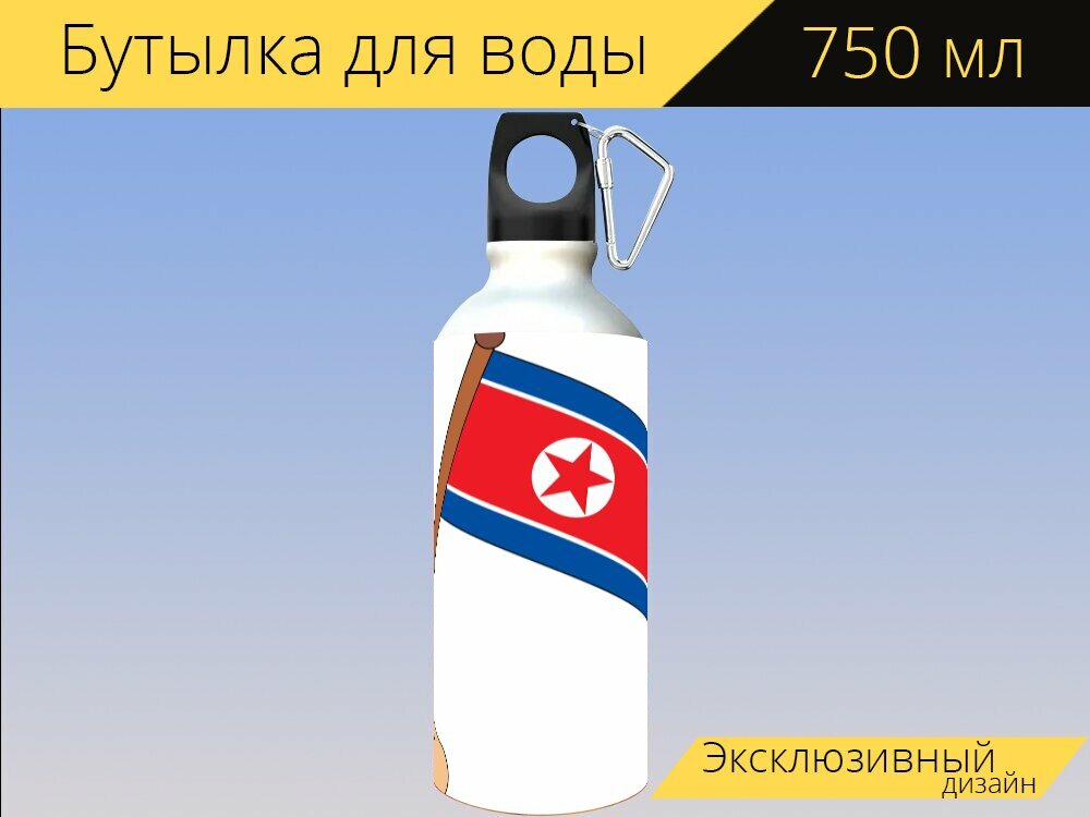 Бутылка фляга для воды "Флаг, флаг северной кореи, северная корея" 750 мл. с карабином и принтом