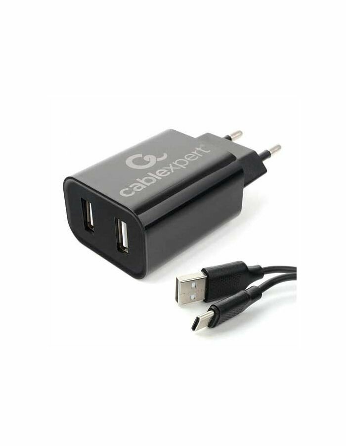 Зарядное устройство сетевое Cablexpert 100/220V-5V, USB 2 порта, 2.4A, черное с кабелем - фото №1