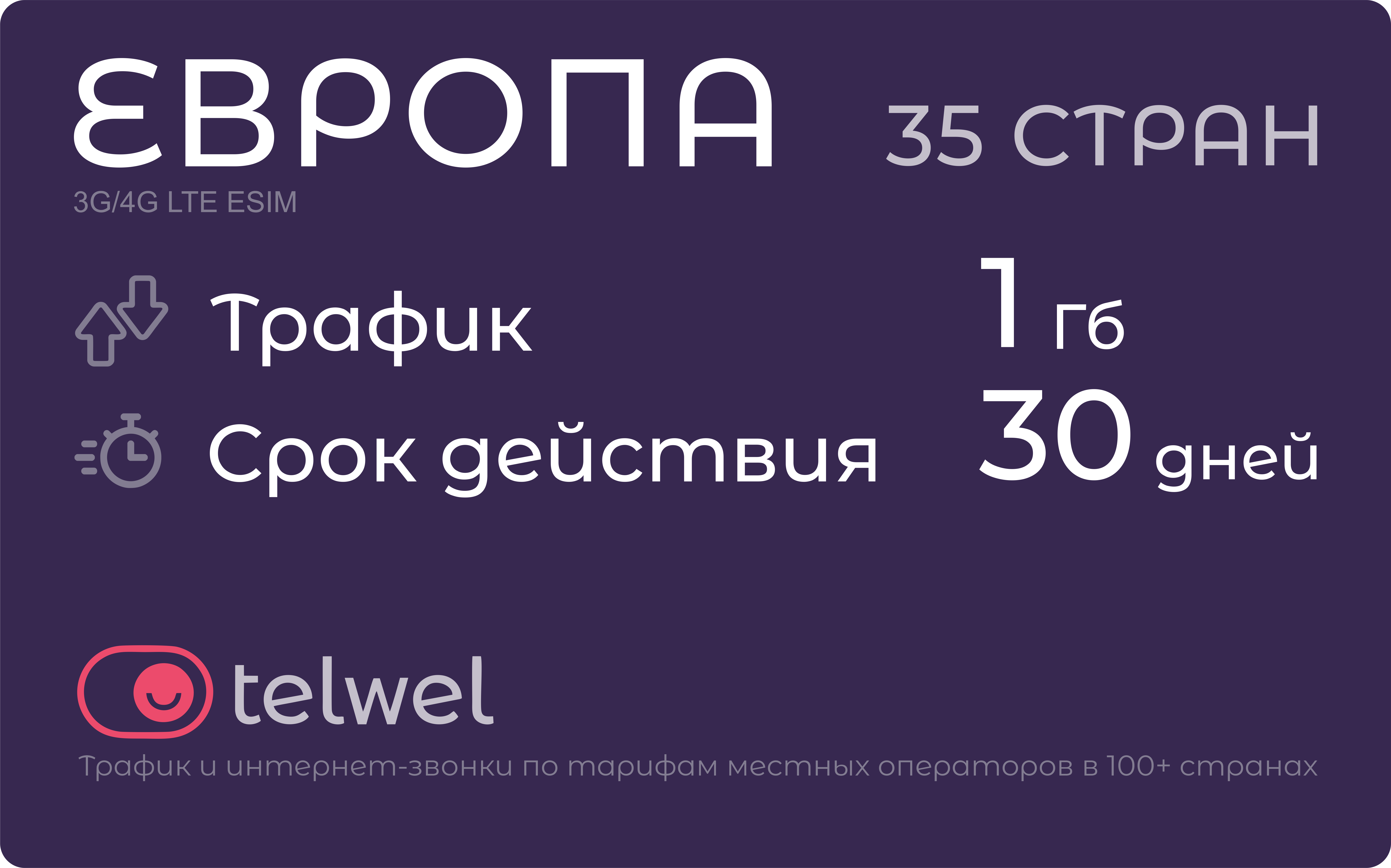 Туристический eSIM "Европа 35 стран 1 Гб/30 дней". Пакет "Трафик и мессенджеры"