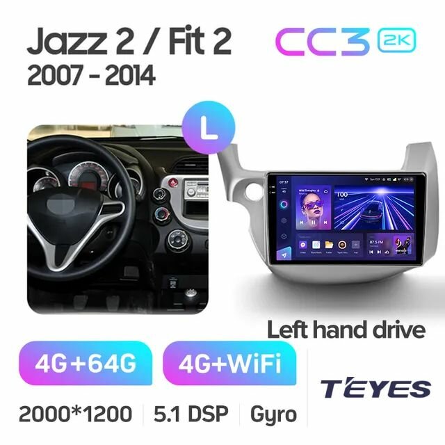 Магнитола Honda Jazz 2 GG Fit 2 GE 2007 - 2014 Teyes CC3 2K 4/64GB, штатная магнитола, 8-ми ядерный процессор, QLED экран, 2 DSP, 4G, Wi-Fi, 2 DIN