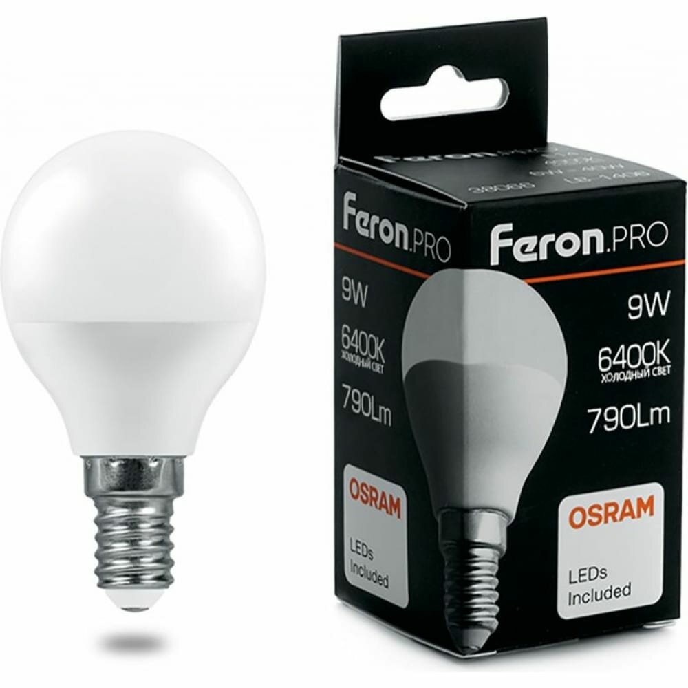 Светодиодная лампа FERON PRO LB-1409 Шарик E14 9W 6400K OSRAM LED 38079