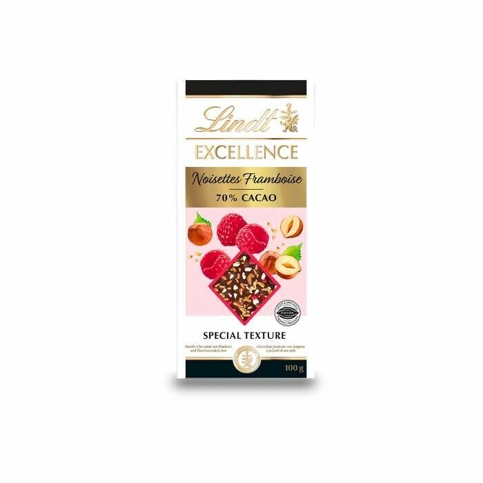 Шоколад горький с малиной и фундуком Lindt Excellence 70% CACAO Raspberry & Hazelnuts / Avellanas Frambuesa, 100 гр (Швейцария) - фотография № 2