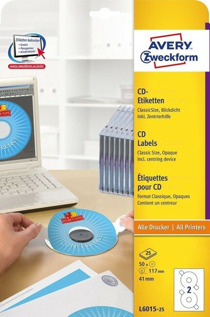 Этикетки Avery Zweckform [L6015-25] для CD (белые Ø117 мм 50 шт 25 листов классический размер)