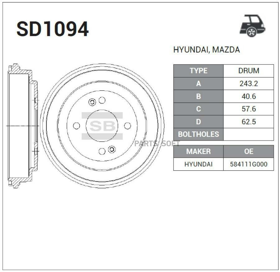 SANGSIN BRAKE SD1094 _барабан тормозной!\ Hyundai Accent/i20 KIA Rio 1.2-1.6/1.5CRDi 05>