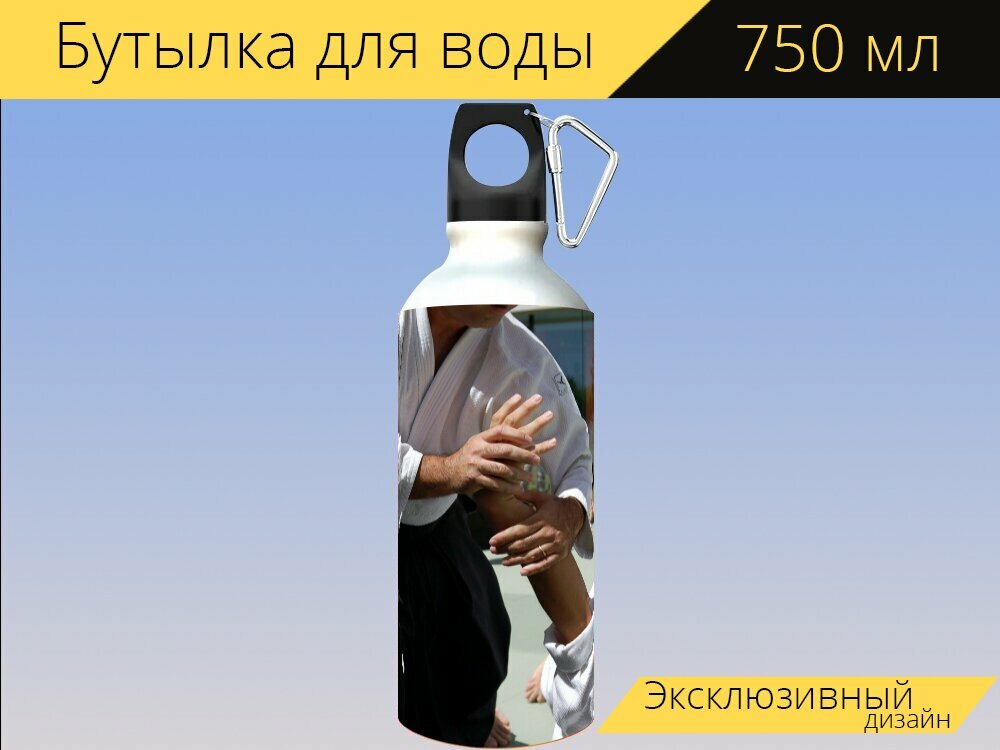 Бутылка фляга для воды "Боевые искусства, айкидо, виды спорта" 750 мл. с карабином и принтом