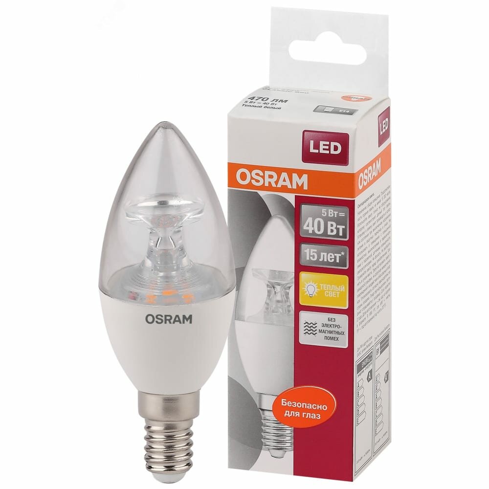 Светодиодная лампа OSRAM LED STAR, B, свеча, 5Вт, E14, 470 Лм, 2700 К, теплый белый свет 4058075318120