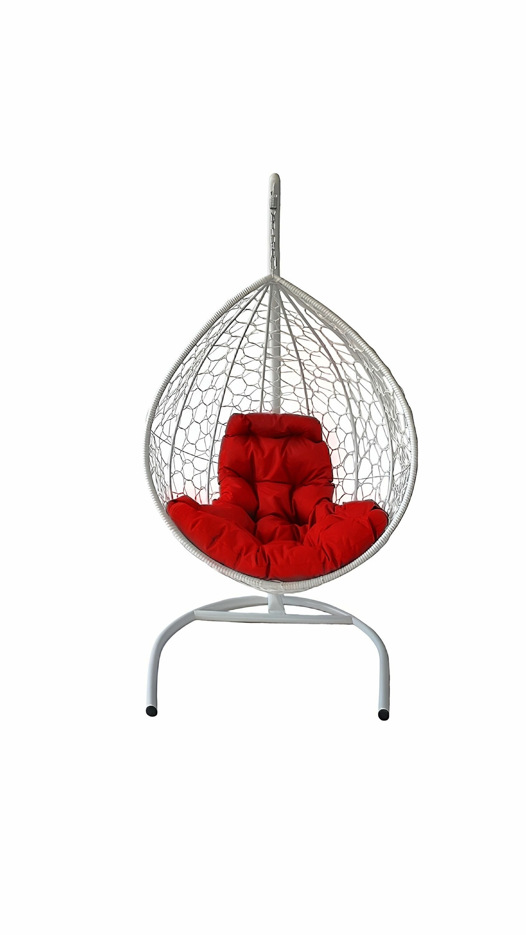 Подвесное кресло-кокон "капля" с ротангом белое, красная подушка - фотография № 5
