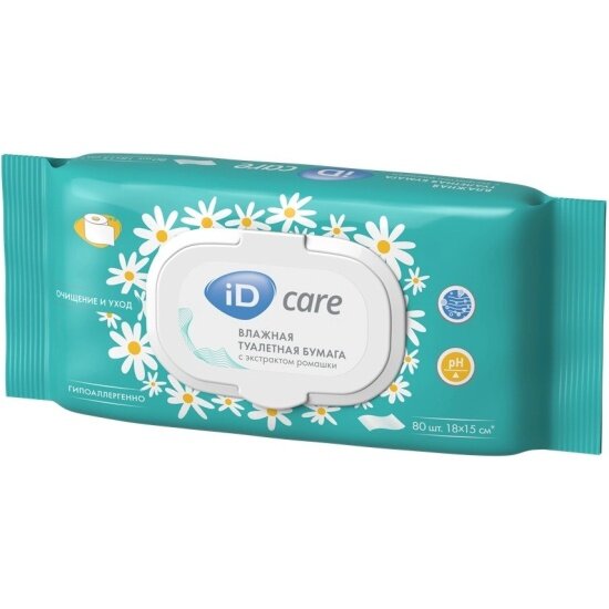 Влажная туалетная бумага ID CARE с экстрактом ромашки, 80 шт