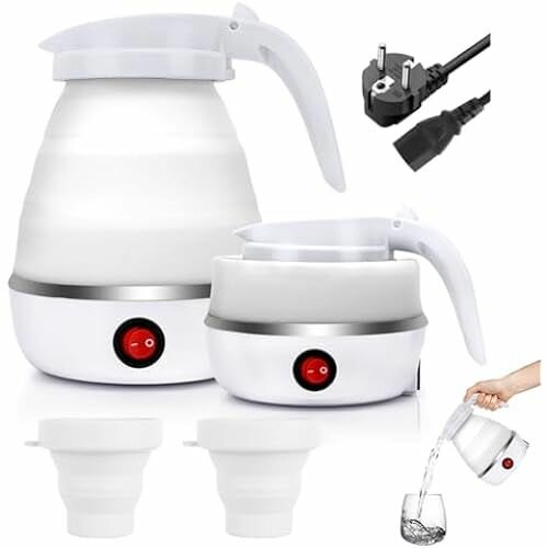 фото Белый складной чайник Портативный чайник для кемпинга емкостью 600 мл с 2 складными чашками, электрический силиконовый чайник с основанием из нержавеющей стали 304 Силиконовый дорожный чайник для кемпинга, путешествий, отдыха на природе