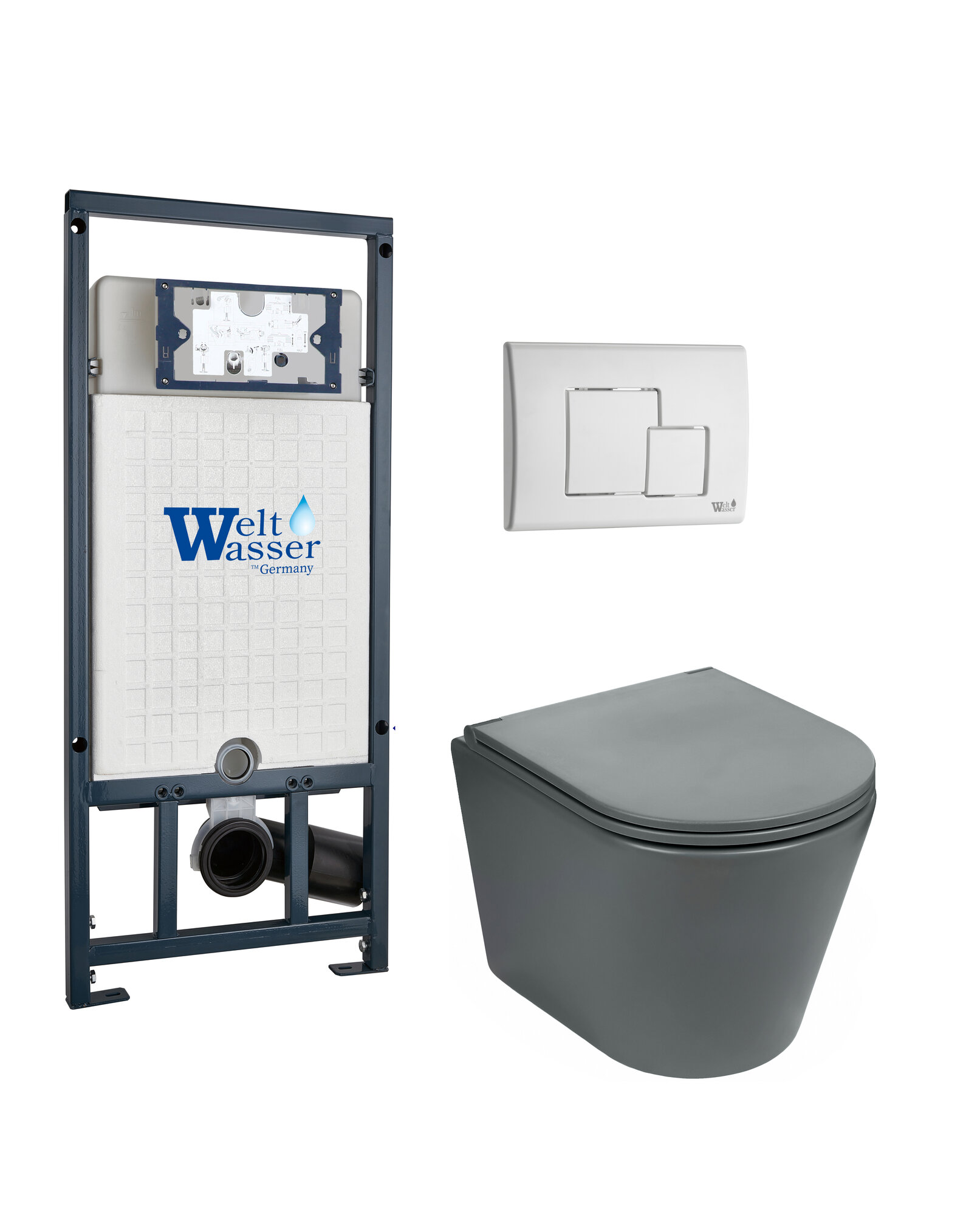 Комплект 3 в 1: Weltwasser Инсталляция MARBERG 507+Кнопка белая MARBERG 507 SE GL-WT+Унитаз подвесной SALZBACH 043 MT-GR