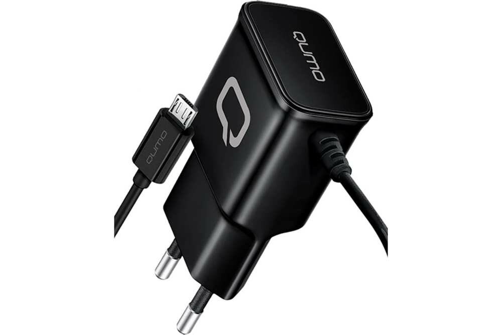 Сетевое зарядное устройство Qumo Energy (Charger 0024) 2.1A, встроенный кабель MicroUSB, черный