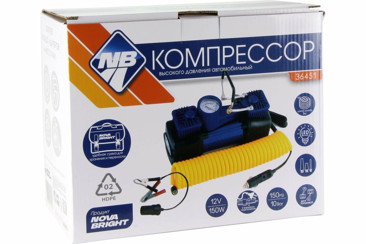 фото Компрессор Nova Bright АК-75L двухпоршневой, до 50 л/мин, 150 PSI, 12В, металлический корпус, в сумке, LED-фонарь 36451