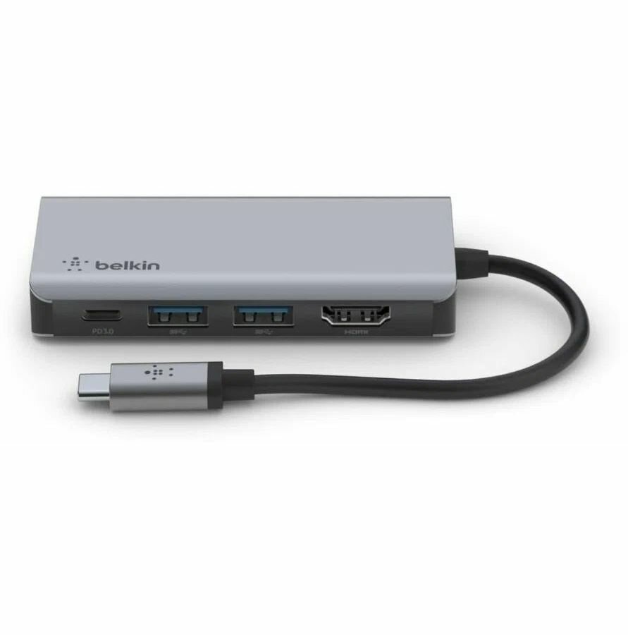Адаптер Belkin 4в1 USB-C - HDMI, 2xUSB-A, USB-C, 100Вт, серый - фото №1