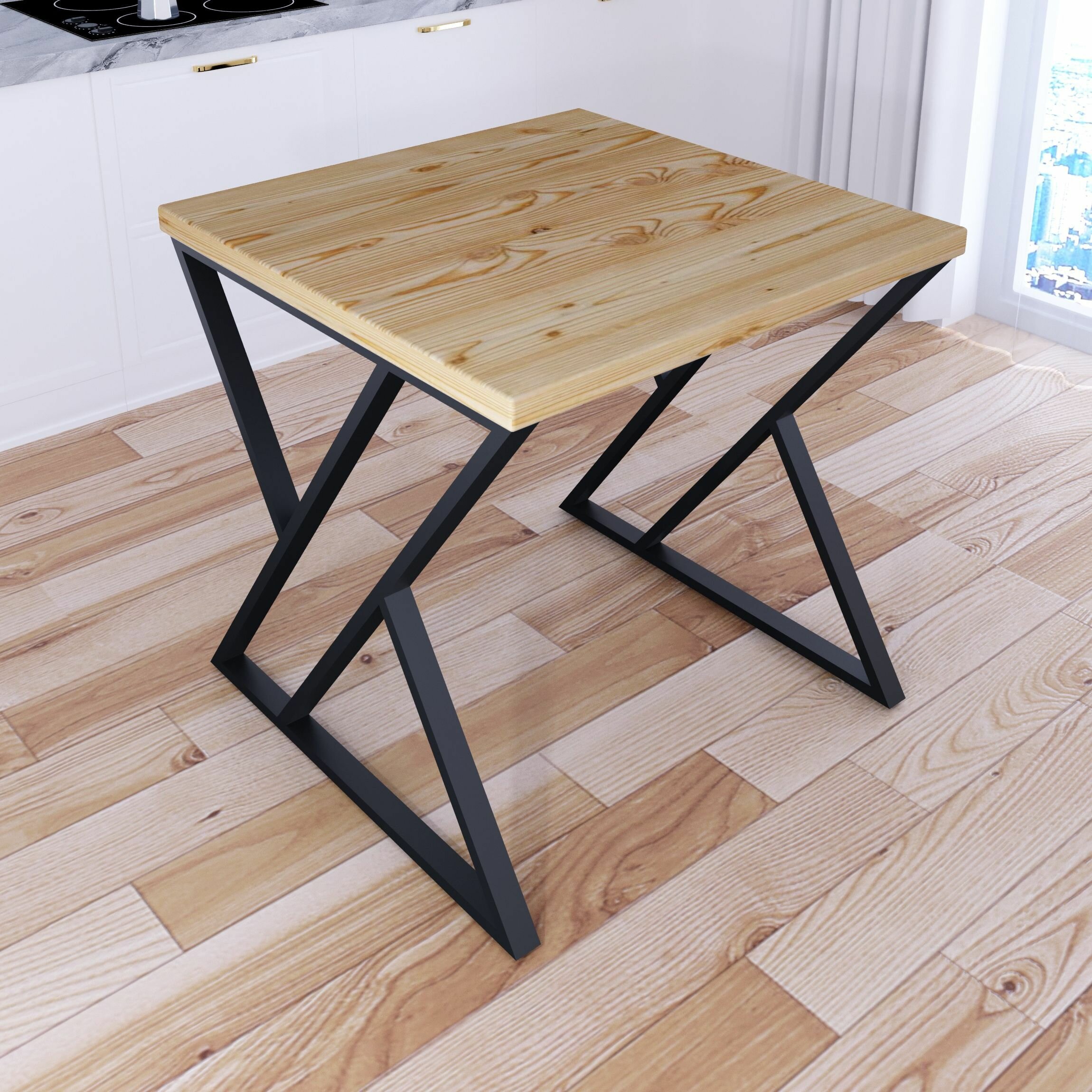 Стол кухонный Loft с квадратной лакированной столешницей из массива сосны 40 мм и черными металлическими Z-образными ножками, 60x60х75 см - фотография № 2