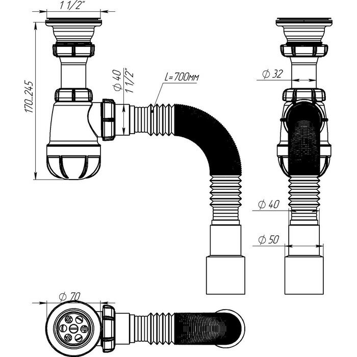 Сифон для мойки Akvater, 1 1/2" х 40 мм, малый, с гофрой 40х40/50 мм - фотография № 3