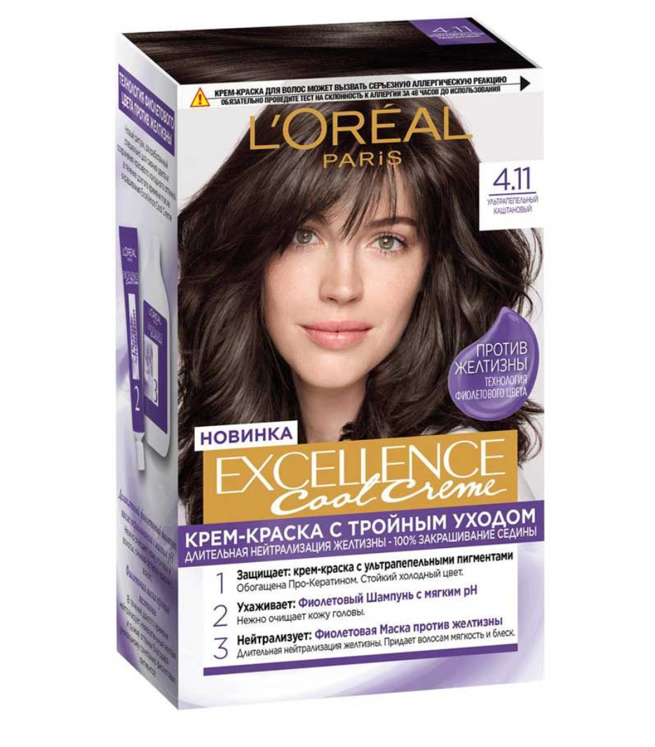 L'Oreal Paris Excellence Cool Creme стойкая крем-краска для волос, 4.11 Ультрапепельный каштановый