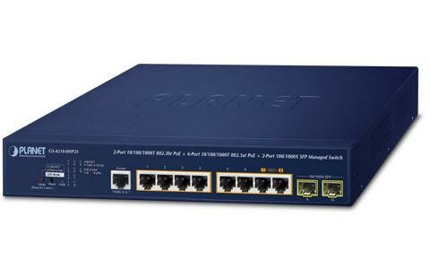 PLANET GS-4210-8HP2S IPv6/IPv4,2-Port 10/100/1000T 802.3bt 95W PoE + 6-Port 10/100/1000T 802.3at PoE + 2-Port 100/1000X SFP Managed Switch(240W PoE Bu