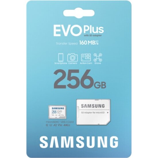 Карта памяти Samsung microSDXC 256Gb EVO Plus UHS-I U3 V30 A2 + ADP 160 Mb/s NEW