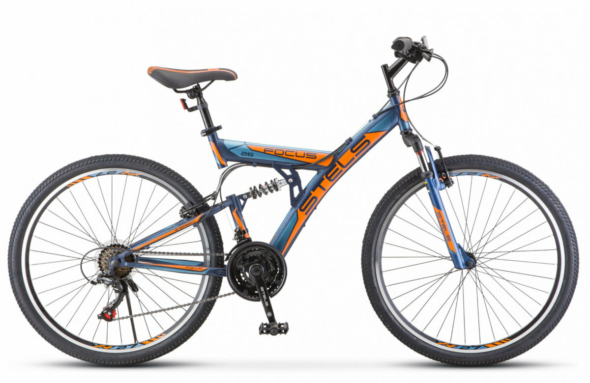 Велосипед двухподвесный горный Focus V 26" 18ск Рама 18" Тёмно-синий/оранжевый STELS LU083837