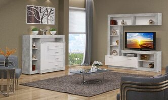 Комплект мебели для гостинной Монтана Мини с комодом, стенка в гостинную, Atelier/Белый глянец, 3062х1704х413 мм (ШхВхГ)