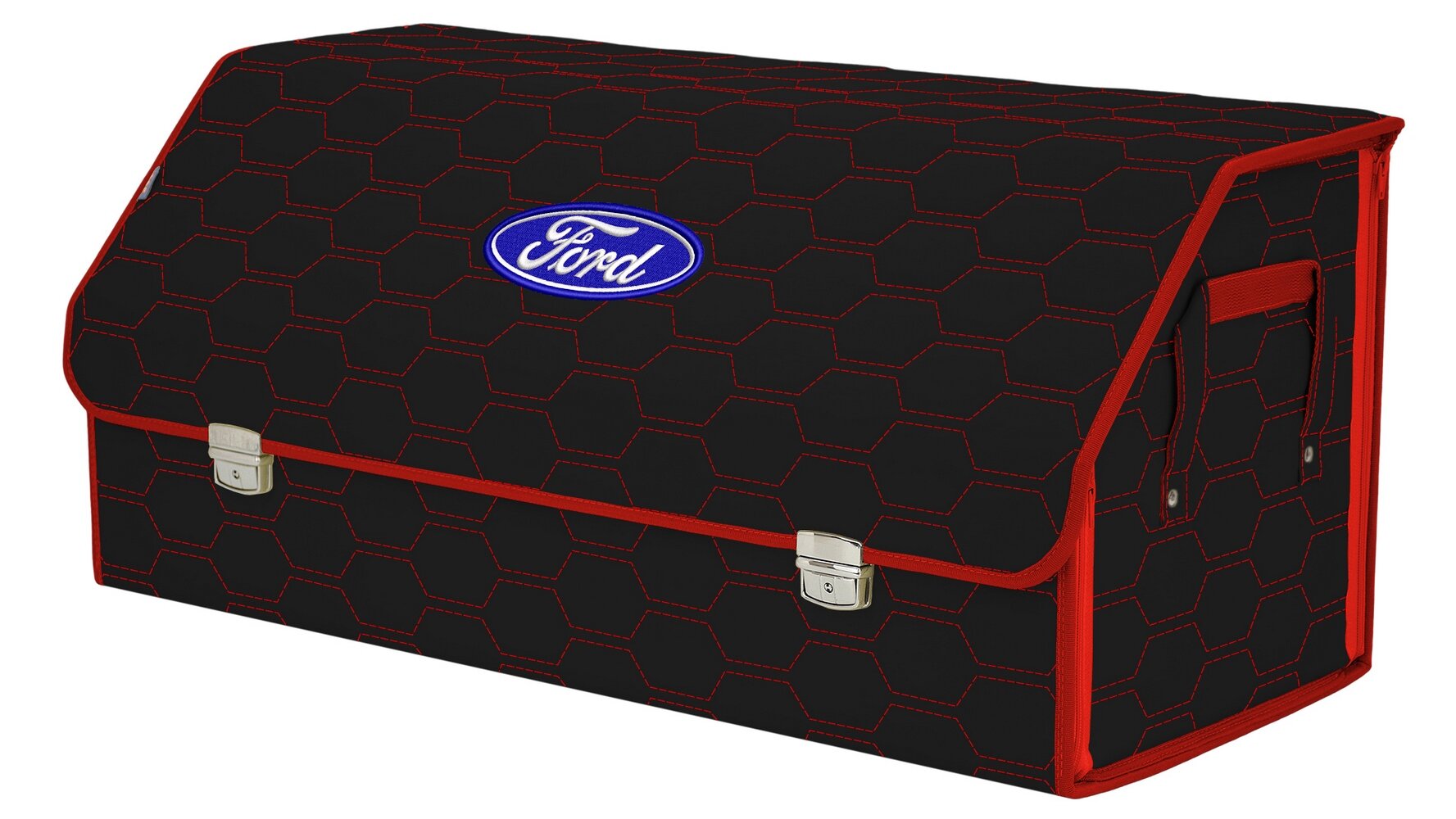 Органайзер-саквояж в багажник "Союз Премиум" (размер XXL). Цвет: черный с красной прострочкой Соты и вышивкой Ford (Форд).