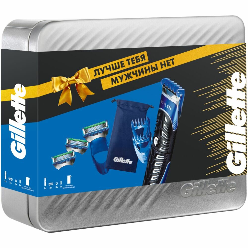 Подарочный набор Gillette Styler Бритва-стайлер с 3 сменными кассетами + 3 гребня + чехол Утконос - фото №2