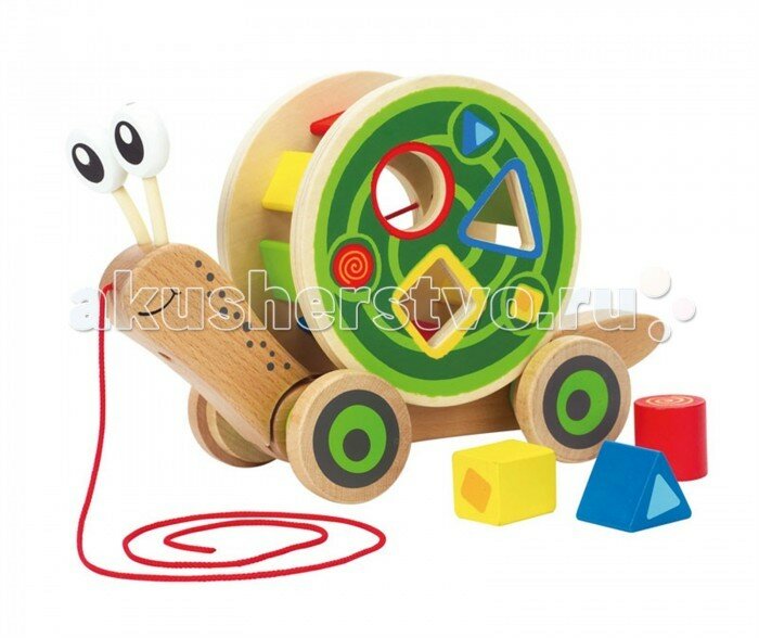 Развивающая игрушка-каталка Hape Улитка на веревочке деревянная, - фото №1