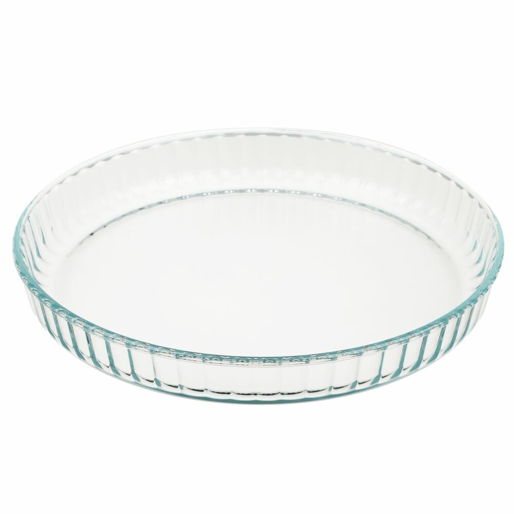 фото форма для запекания стеклянная жаропрочная, круглая, рельефный бортик, 27,7х3,5 см, 1,6 л