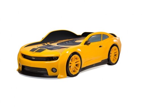 Кровать-машина Futuka Kids "EVO Camaro", желтая, 180х90 см. с подсветкой фар, подсветкой дна, мягким изголовьем и подъемным механизмом.