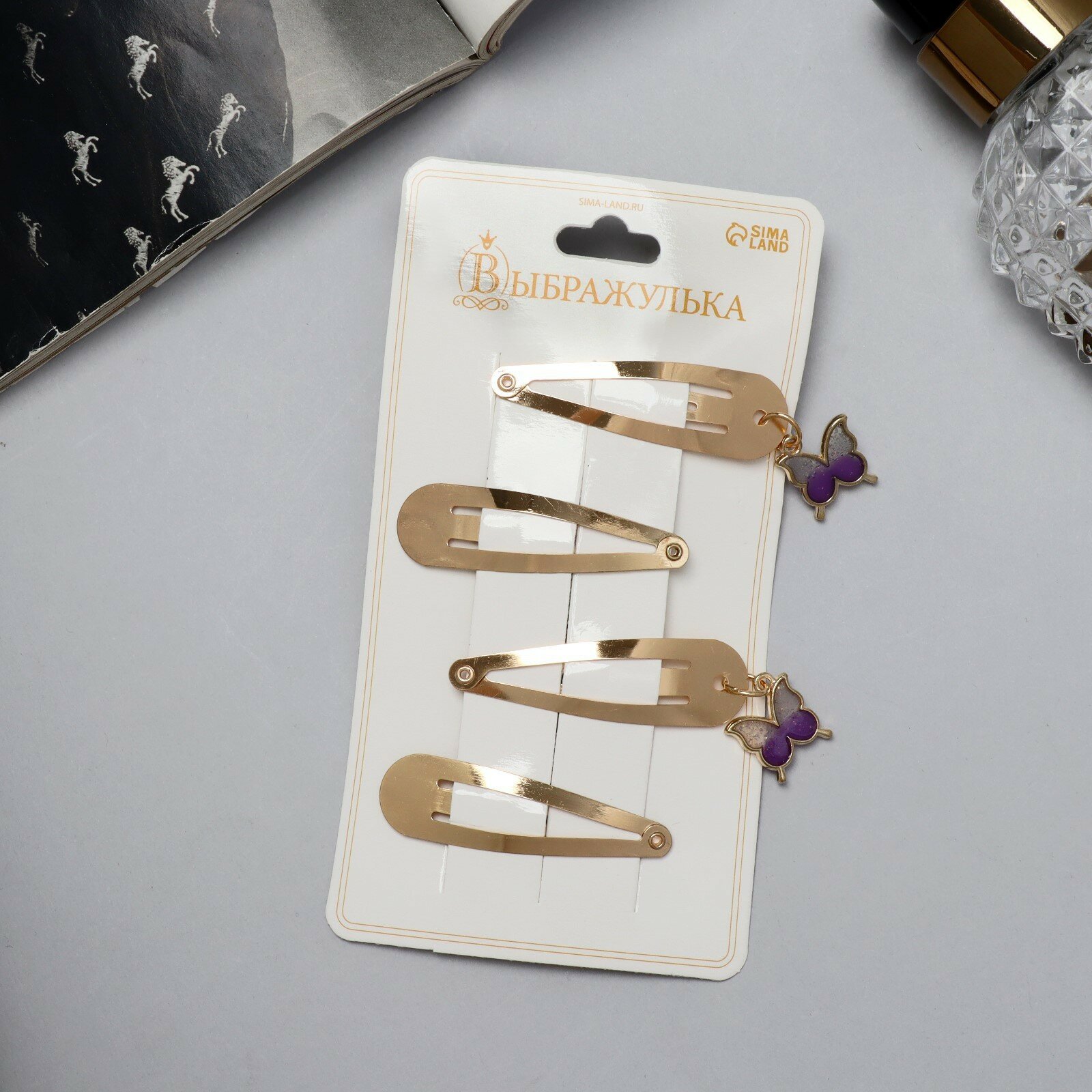 фото Невидимка для волос "Офелия" (набор 4 шт) бабочка, 4,5 см, золото 1шт.