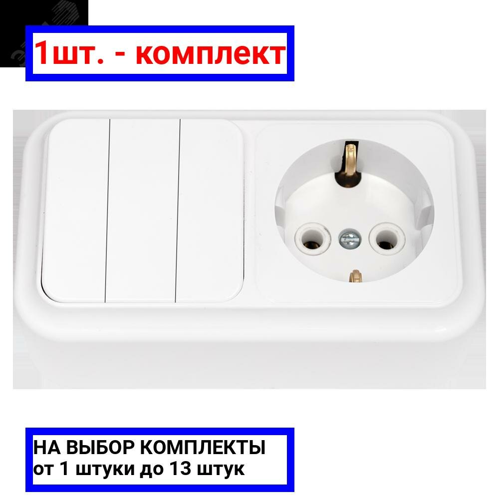 фото 1шт. - Беларусь Блок: выключатель трехклавишный + розетка с заземлением наружный Пралеска / БелТИЗ; арт. 3в-рц-531; оригинал / - цᴇʜᴀ зᴀ 1шт