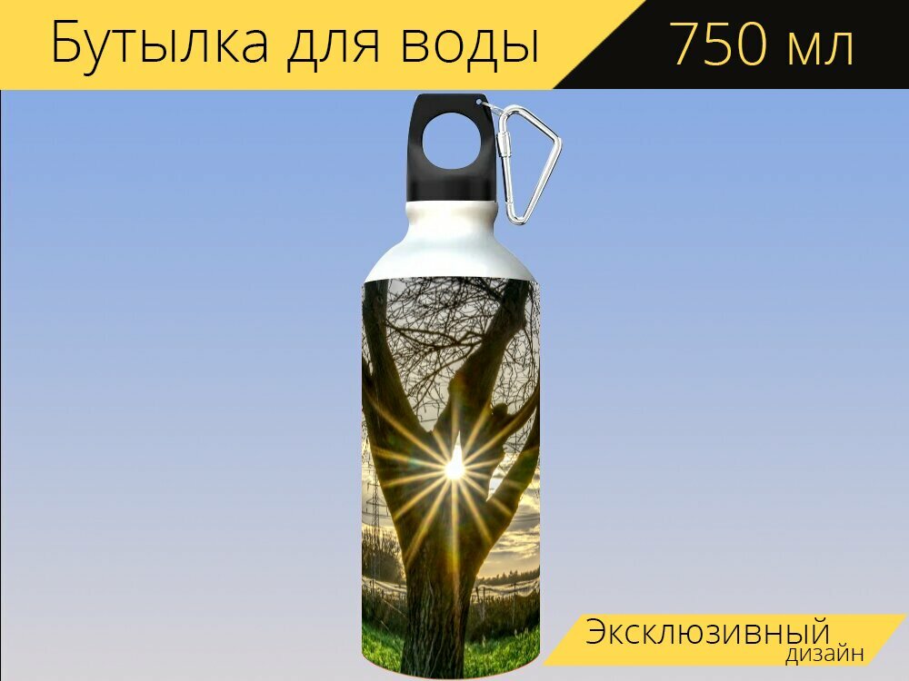 Бутылка фляга для воды "Дерево, подсветка, солнце" 750 мл. с карабином и принтом