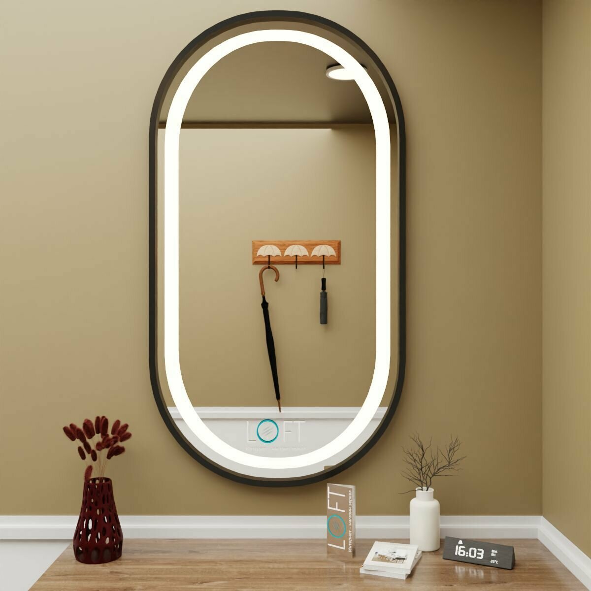 Зеркало с подсветкой настенное, лицевая подсветка, овальное зеркало в металлической раме 90х45 см., декор и интерьер, для ванной - фотография № 1
