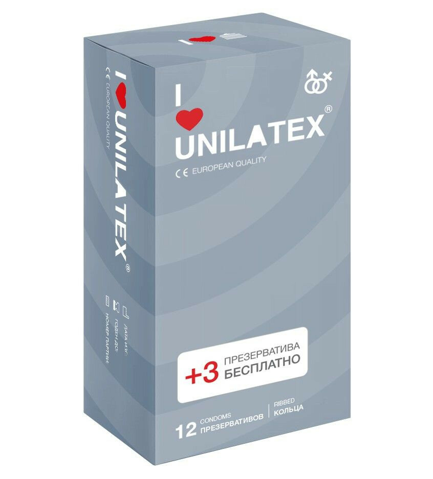 Презервативы с рёбрами Unilatex Ribbed - 12 шт. + 3 шт. в подарок (цвет не указан)