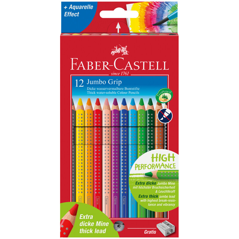 Карандаши цветные Faber-Castell «Jumbo Grip», 12цв., трехгран., утолщен., заточен., картон, европодв