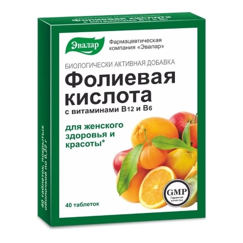 Эвалар Фолиевая кислота с витаминами В12 и В6, таблетки 220 мг, 40 шт.