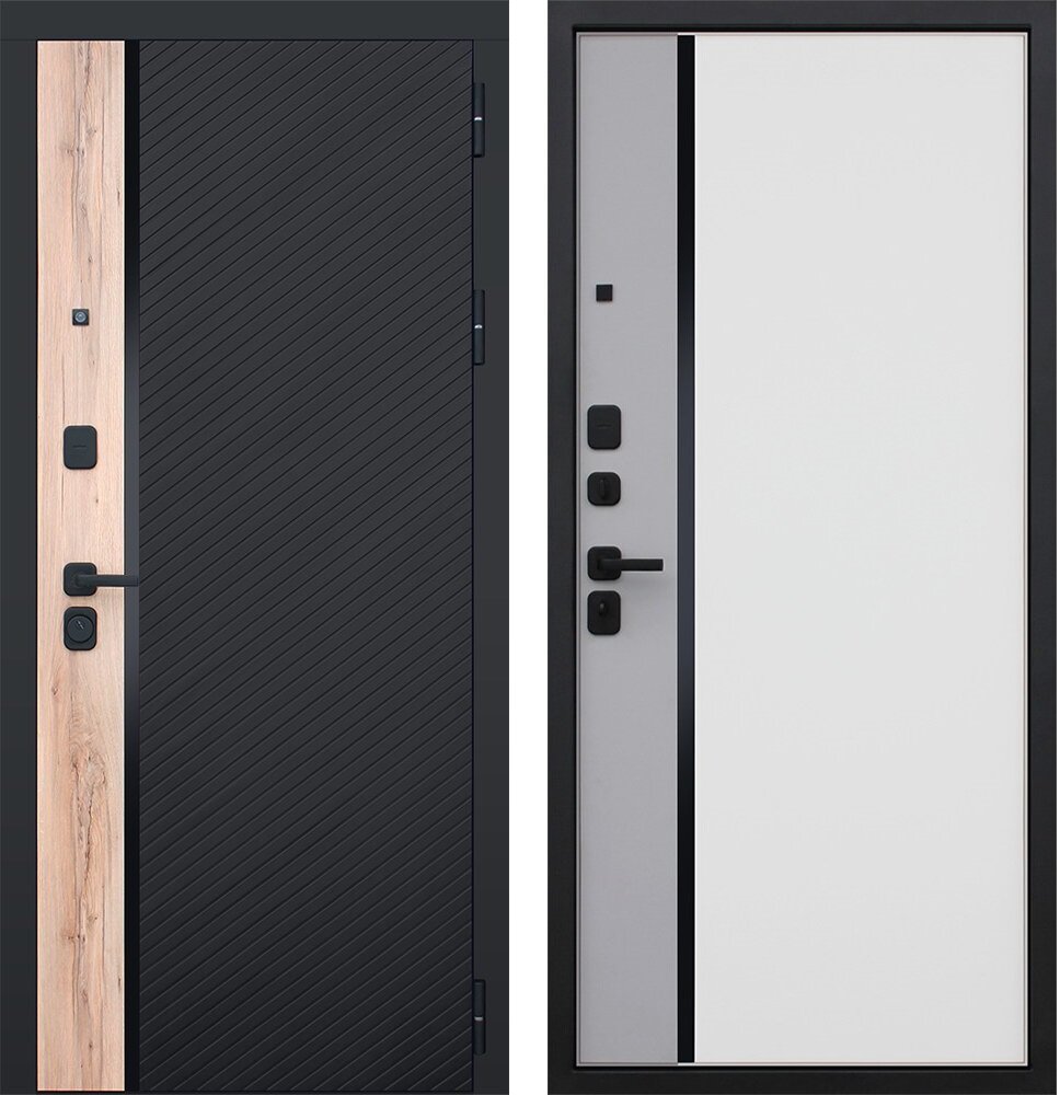 Входная металлическая дверь "Фрегат" дуб галиаф шагрень черная черный молдинг / Грей Белый матовый черный молдинг 960 мм левая