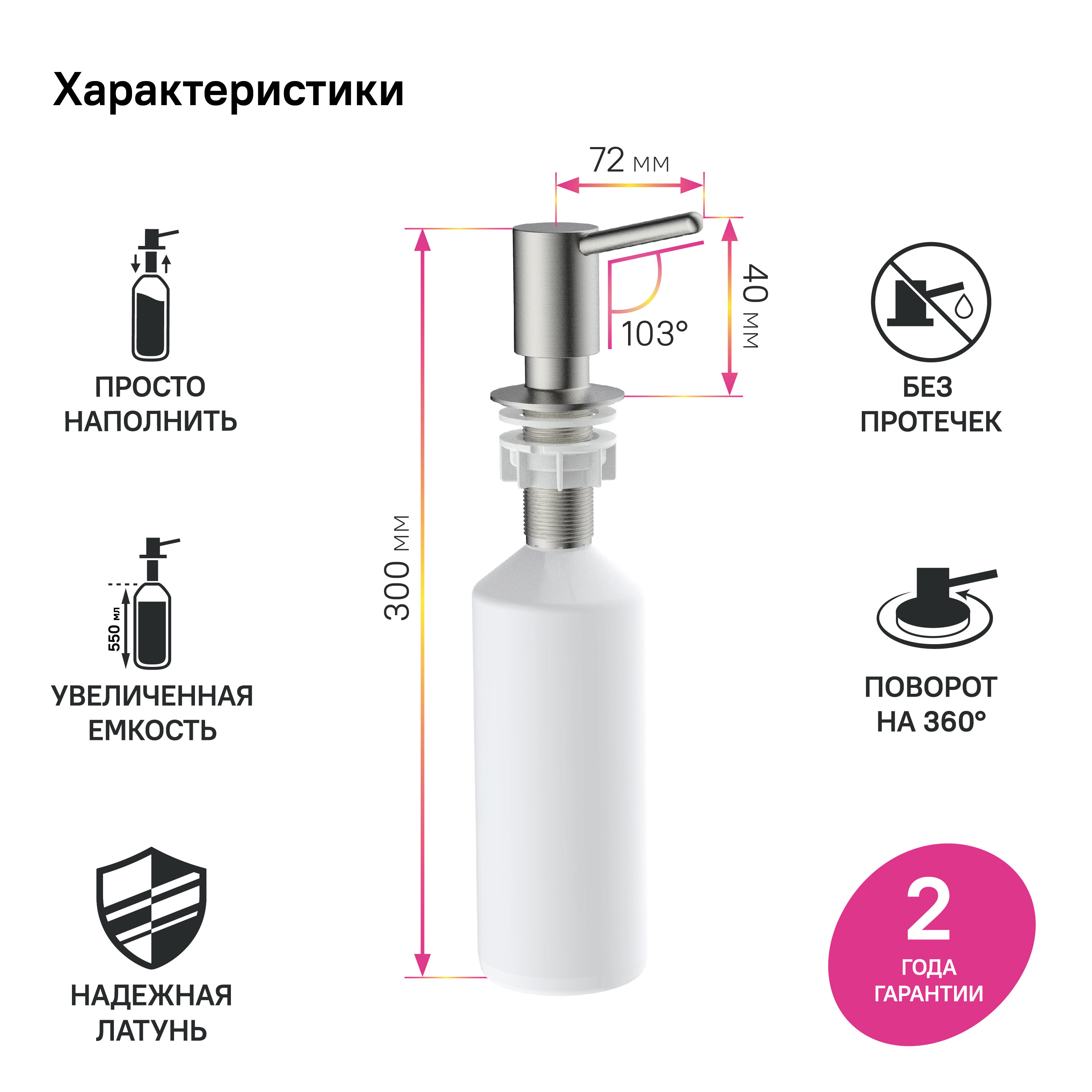 Фото товара на маркетплейсе yandex Дозатор IDDIS Kitchen Line SDIBN00i59 для моющего средства сатин встраиваемый