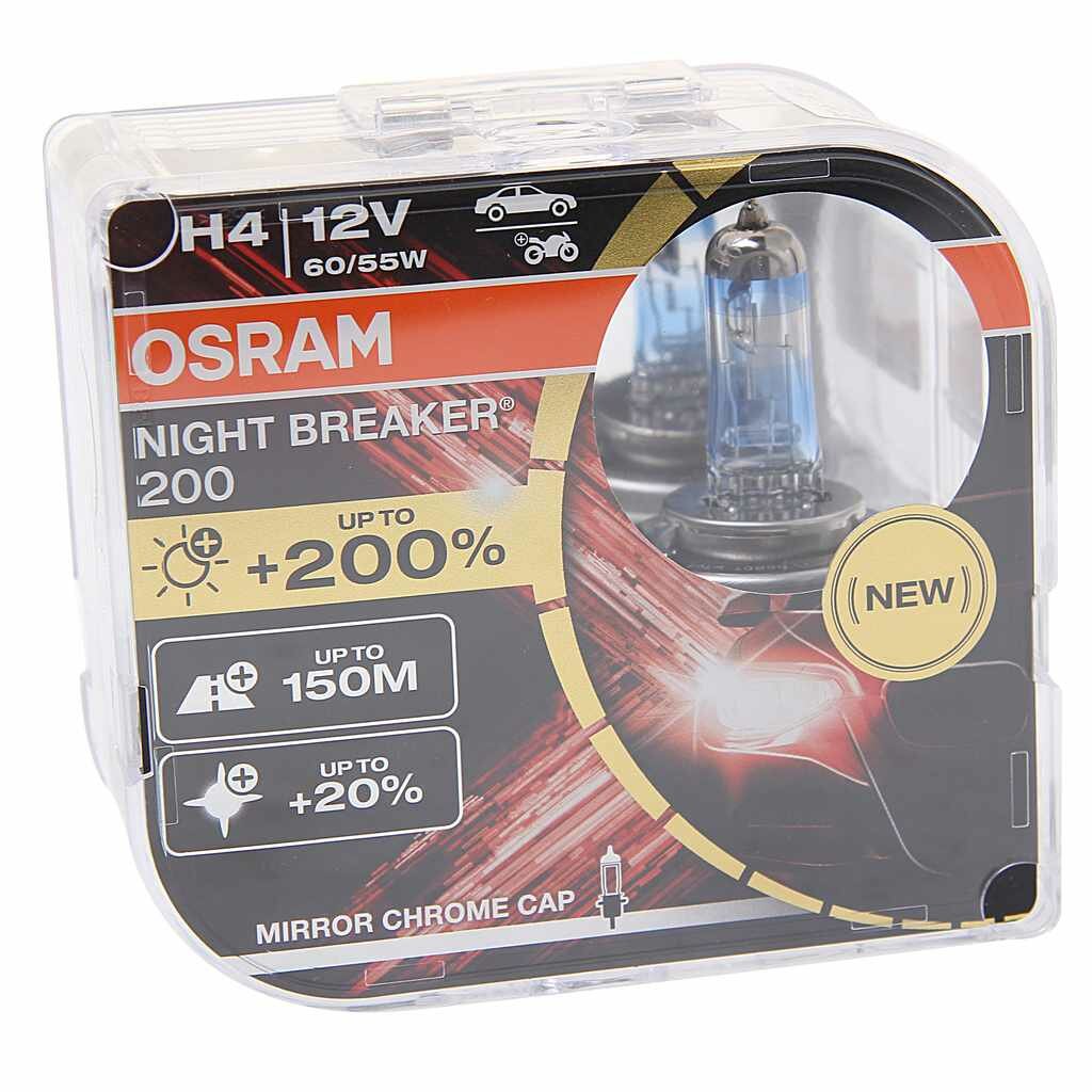 Лампа 12V H4 60/55W P43t +200% 4050К бокс (2шт.) Night Breaker 200, 64193NB200(EURO), OSRAM