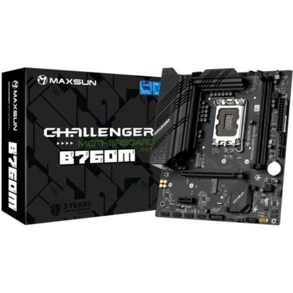 Материнская плата Maxsun Soc-1700 MS-Challenger B760M, 2xDDR4, 1xPCIEx16,1xPCIEx1,2xM.2, Front2xUSB3,4xUSB2, Rear4xUSB3,2xUSB2, 3xSATA3, 1GLan, VGA+H