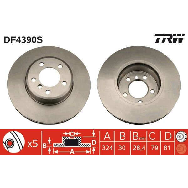 Диск тормозной вентилируемый для автомобиля BMW, TRW DF4390S (1 шт.)