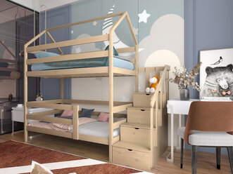 Кровать детская "Двухъярусная с лестницей-комодом", 160х80, натуральный цвет, из массива