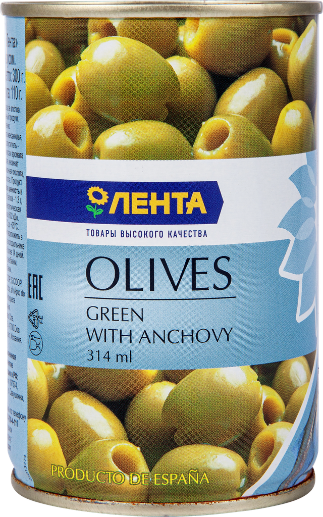 Оливки с анчоусом лента зеленые, 314мл
