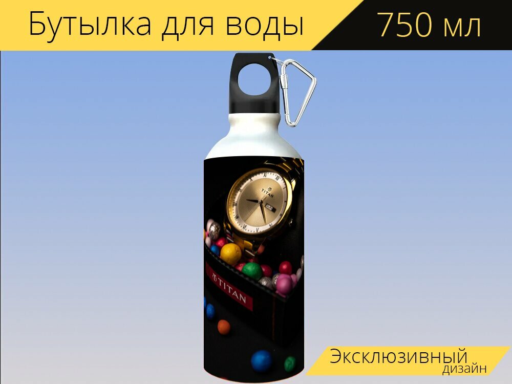 Бутылка фляга для воды "Смотреть, наручные часы, титан" 750 мл. с карабином и принтом