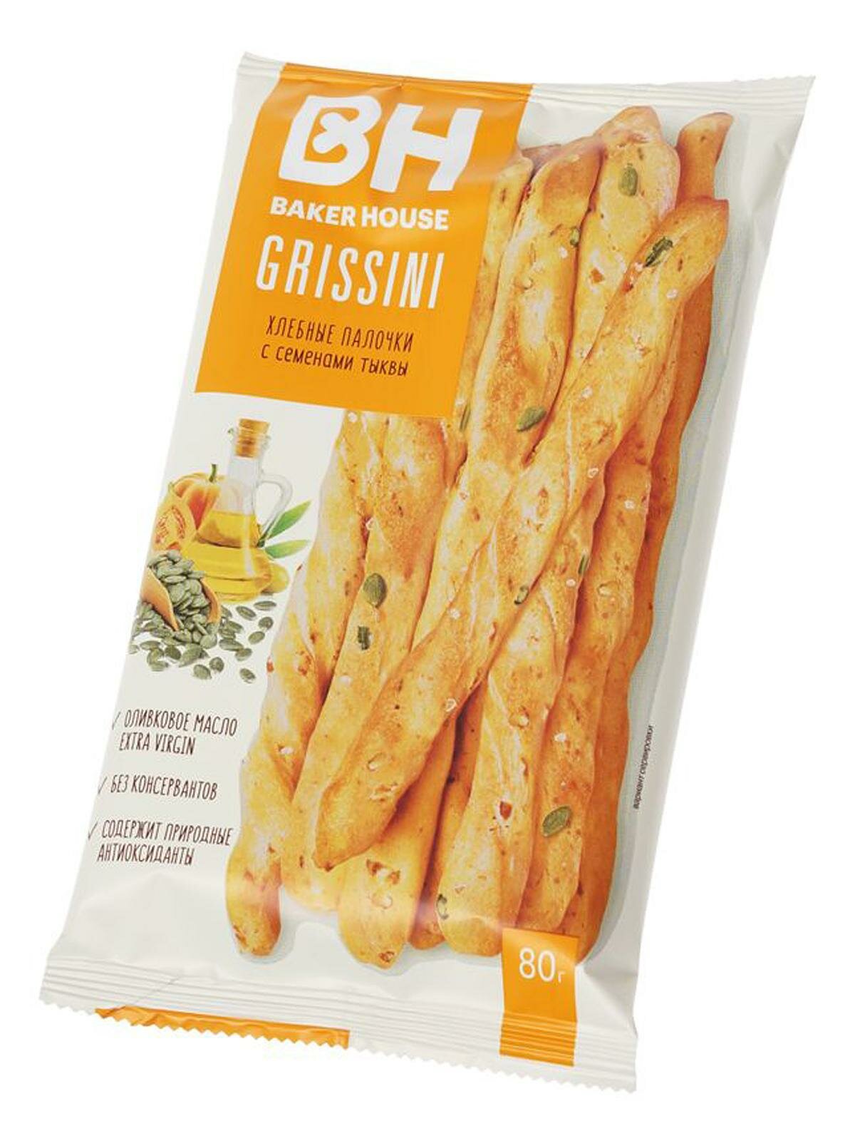 Упаковка из 15 штук Хлебные палочки Baker House Grissini с семенами тыквы 80г