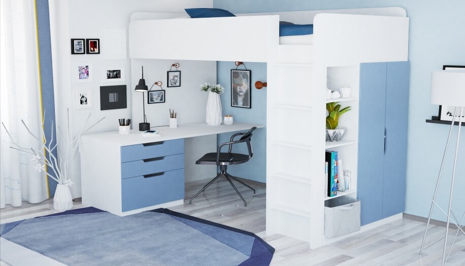 Кровать-чердак Polini Simple с письменный столом и шкафом Белый Светло Синий/Голубой