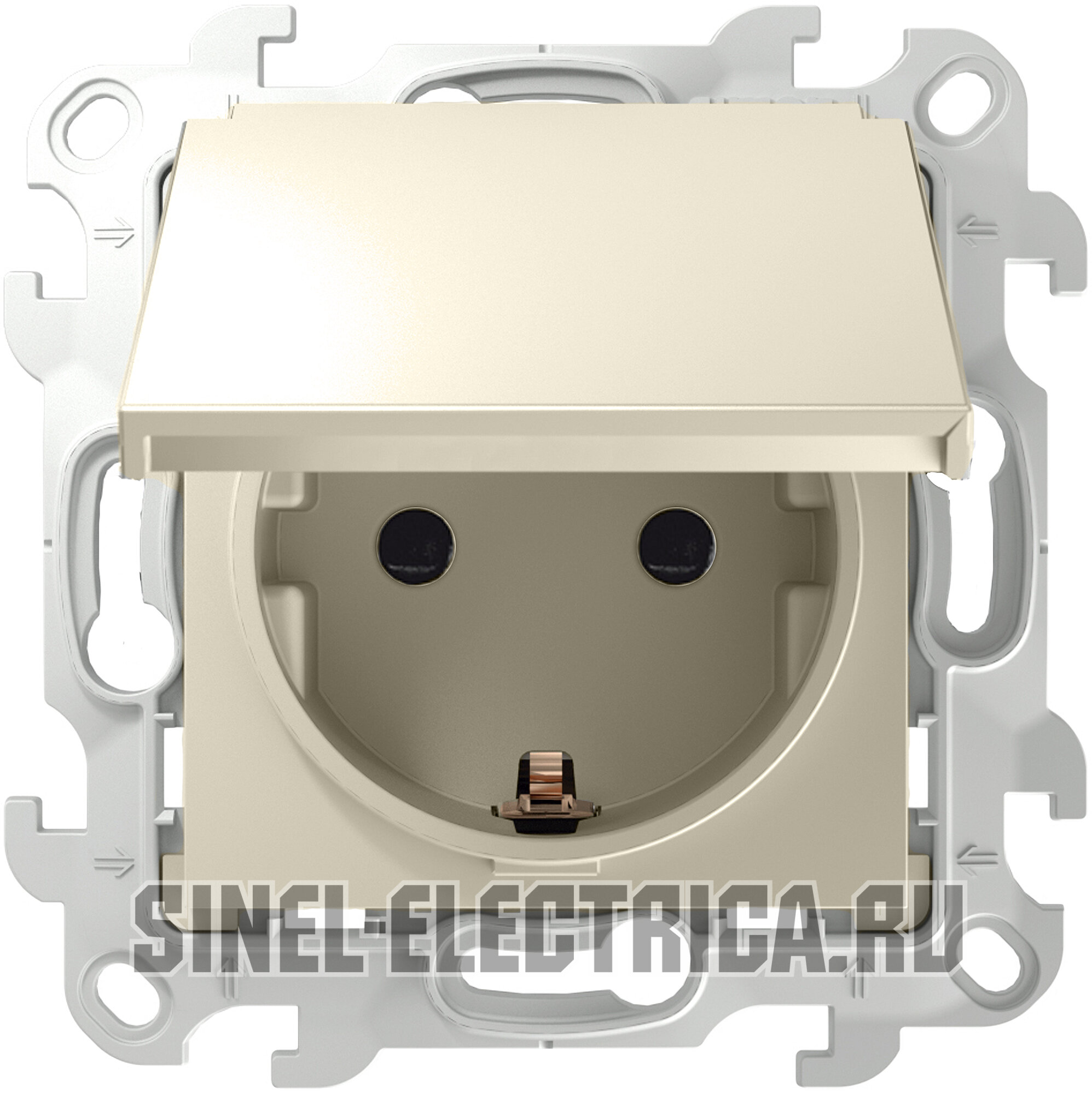 фото Влагозащищенная розетка электрическая IP44 со шторками с откидной крышкой Simon 24 (Слоновая кость) на автозажимах