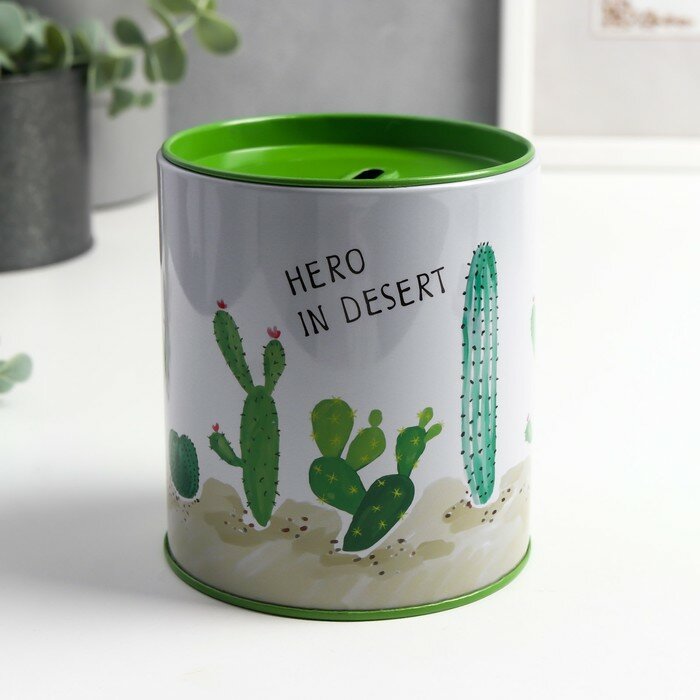 фото Копилка металл "Герой пустыни" бело-зелёный 9х9х10 см