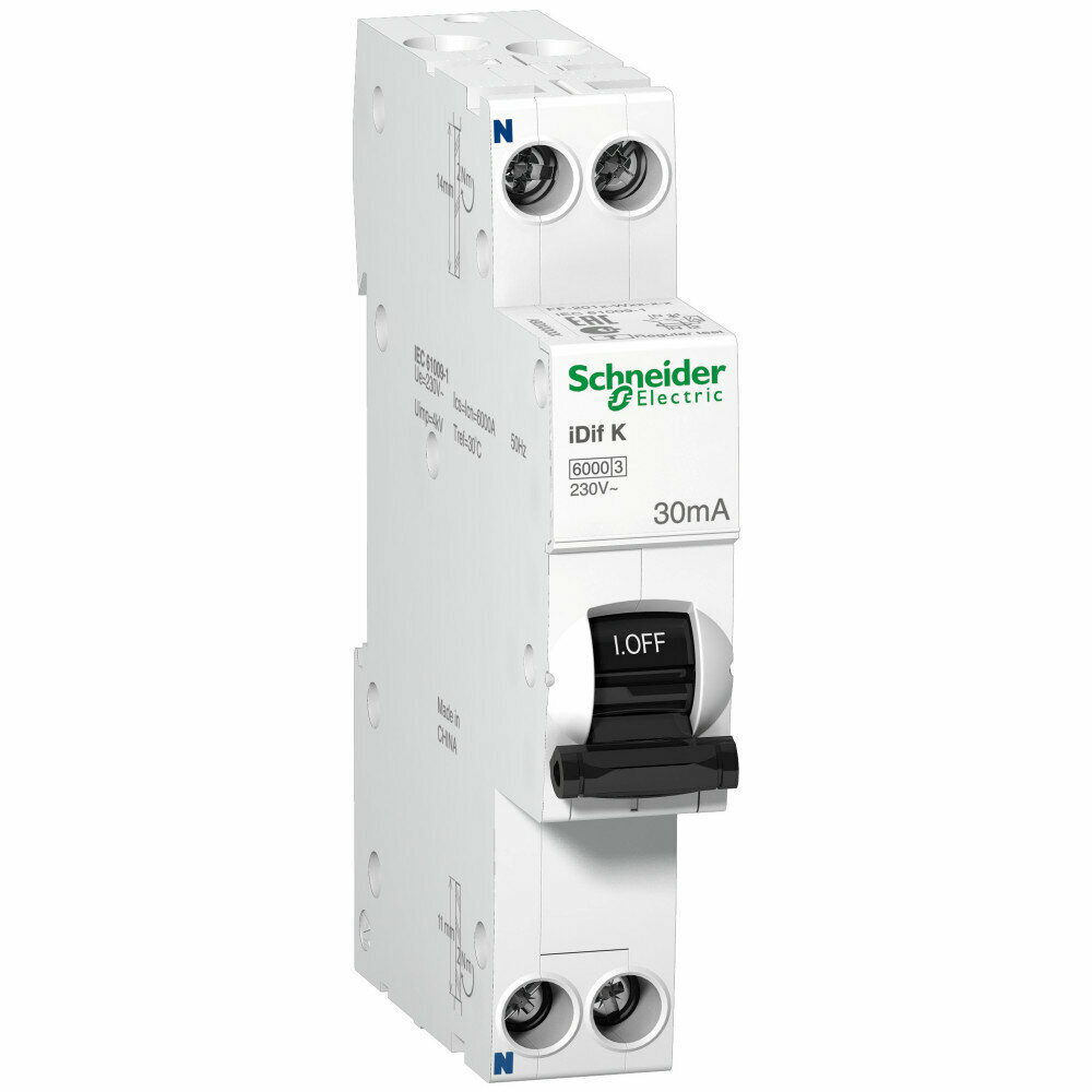 Schneider Electric Acti 9 iDif K Дифференциальный автоматический выключатель 6КА 25A C 30МA AC A9D63625